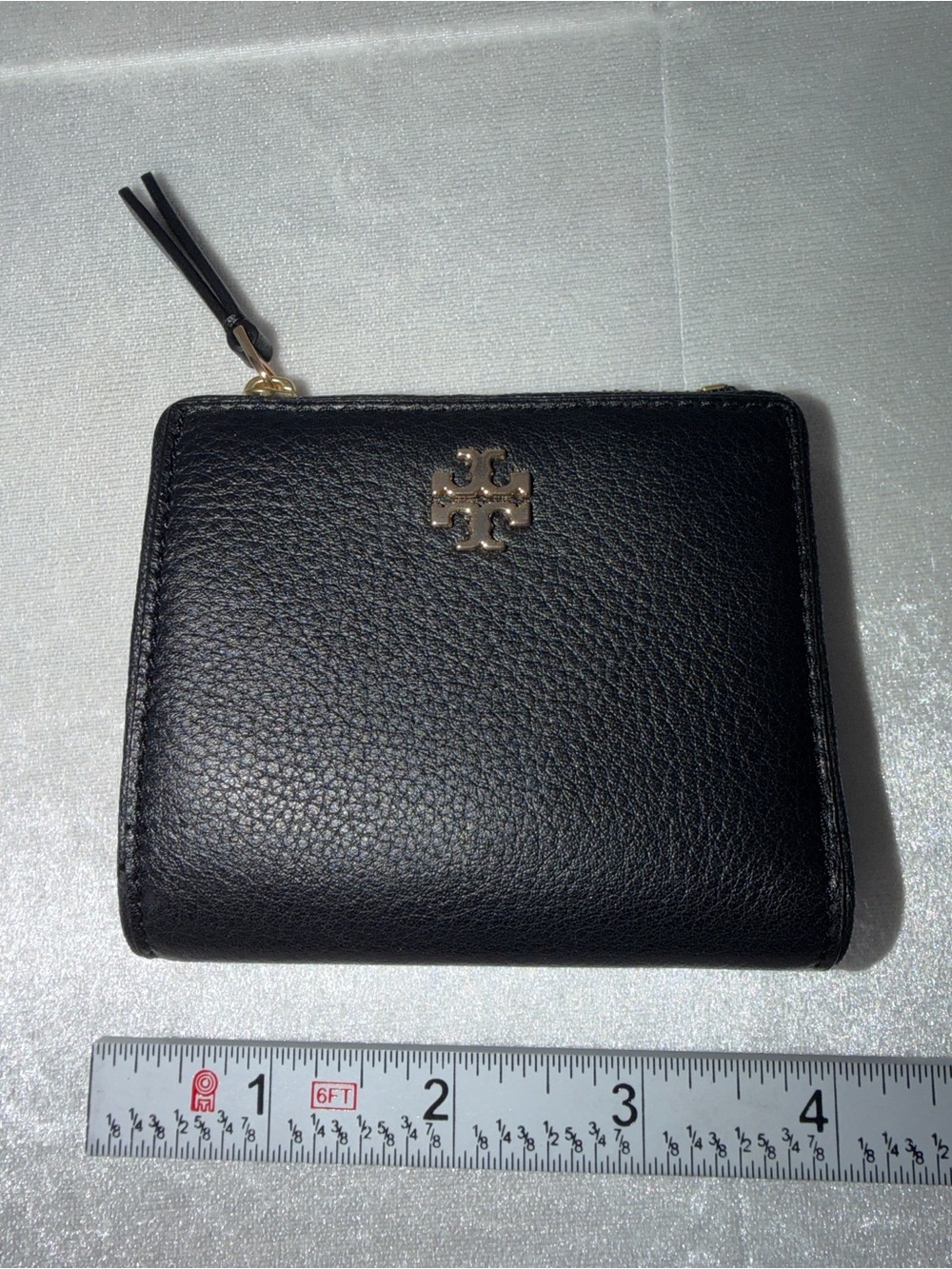 Tory Burch Black Pebbled Leather Zip Compact Wallet with Gold Logo